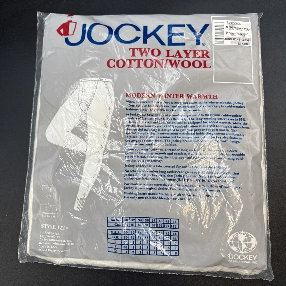 Vtg 1987 Jockey Long Underwear, Long Johns 38‎ Sealed Wool Cotton Nylon Blend